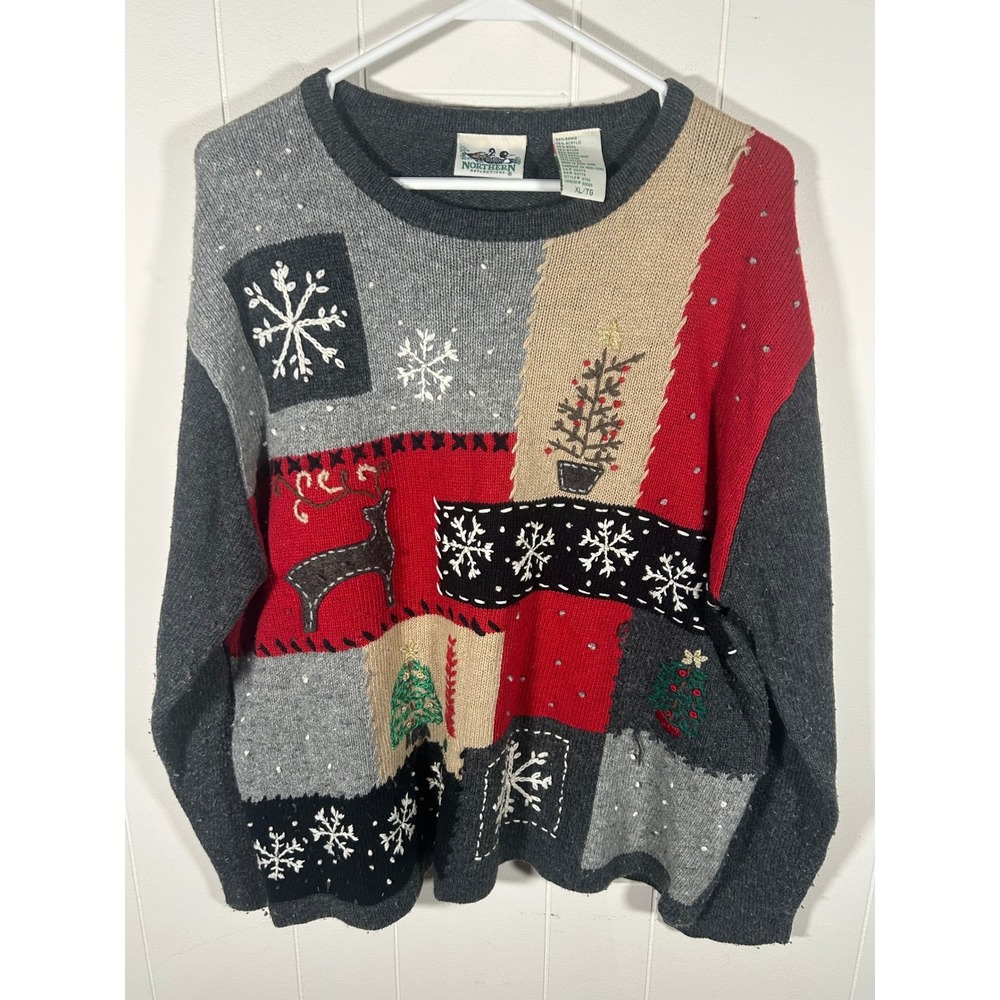 Northern Reflections Vintage Christmas Patchwork Sweater Reindeer Snowflakes XL